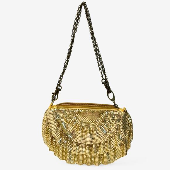 Shimmering Gold Mesh Evening Bag Zip Clutch Crossbody Glam Satin Chain Strap - Picture 3 of 10
